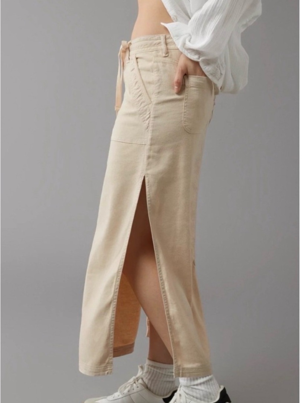 American Eagle Outfitters AE Dreamy Drape Linen Blend Maxi Skirt with side slits - Picture 2 of 10